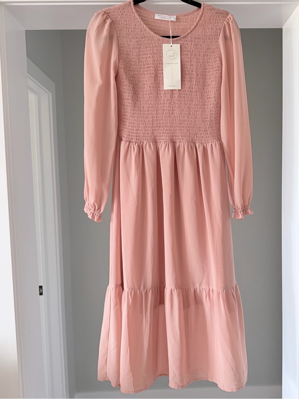 Smocked Bodice Long-Sleeve Casual Dress in Blush Pink